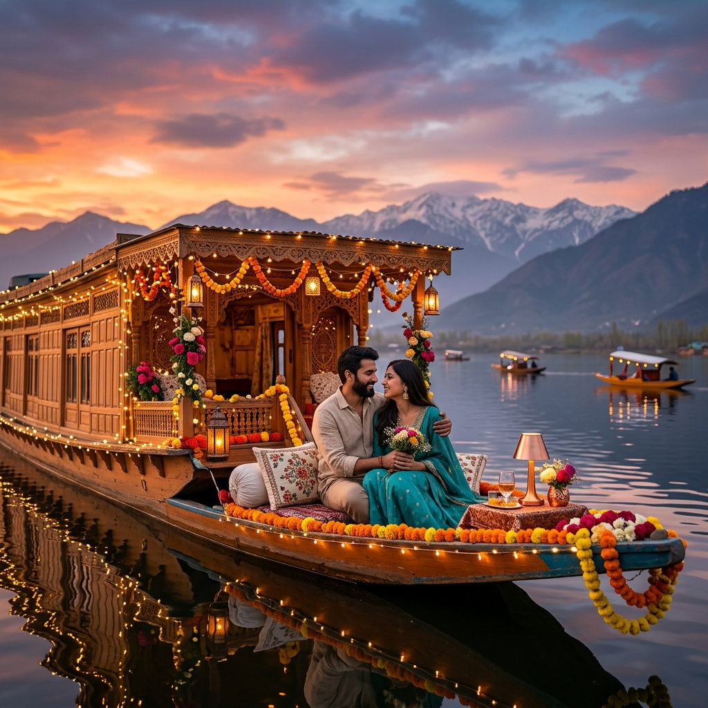 Best time to visit Kashmir showing Gulmarg gondola snow mountains and Dal Lake shikaray